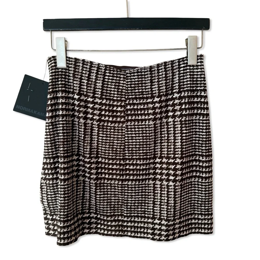 Norma Kamali mini skirt side slit Glenn plaid chocolate stretch M - Picture 4 of 8